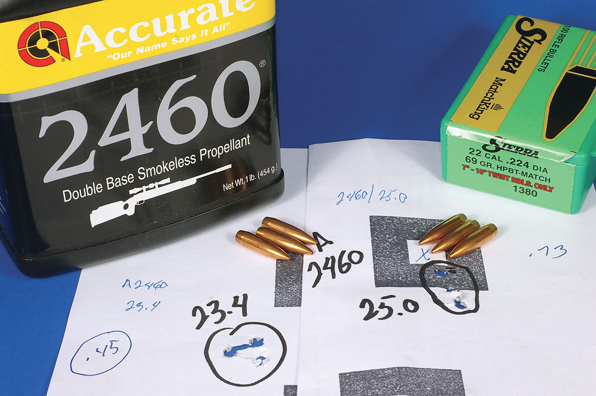 It would be pretty difficult to complain about the accuracy of Sierra 69-grain bullets shot with A-2460; nearly 180 fps additional velocity was an added bonus.